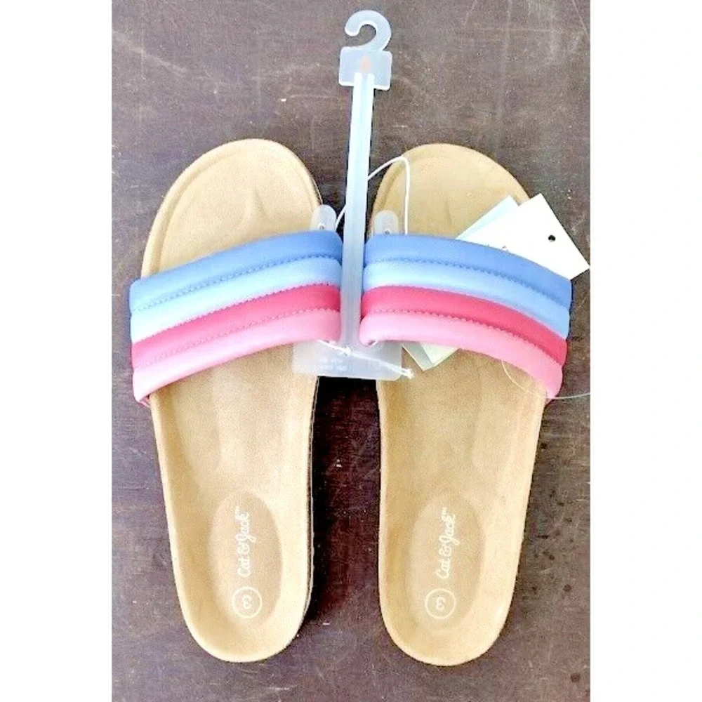 Cat Jack Kids Girls Slides Size 3 Rainbow Straps Cork‎ Footbed Sandals NWT